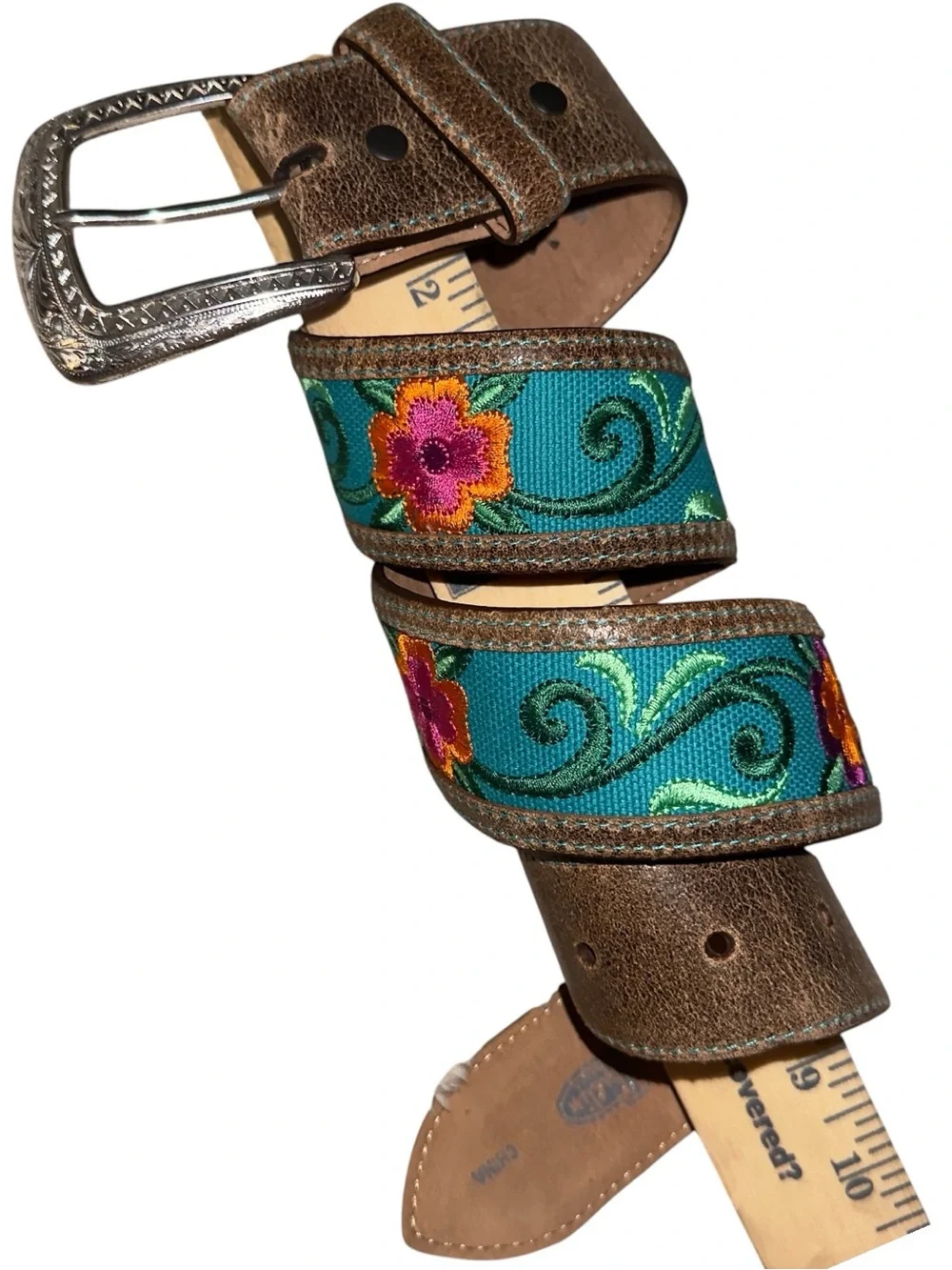 Justin  brown leather western belt teal cowgirl embroidered floral Sz 30